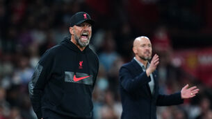 <p>SHOCK: Liverpool manager Jurgen Klopp and Manchester United manager Erik ten Hag on the touchline.</p>