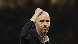<p>UP AND RUNNING: Manchester United's head coach Erik ten Hag celebrates.</p>