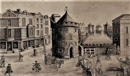 Roche’s Castle, Cork. The street on the left approximates to the present Castle Street. Note the ship entering the Watergate from which Cork derives its coat-of-arms.