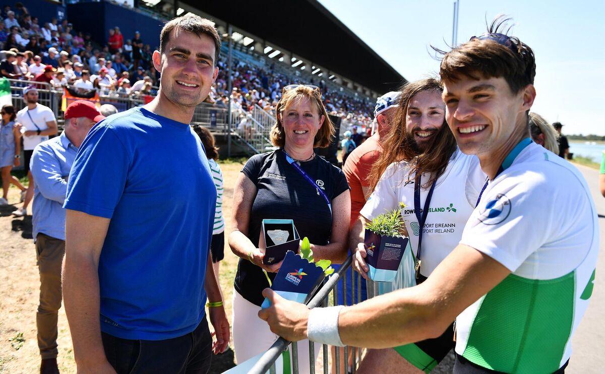 Minister of State for Sport and the Gaeltacht Jack Chambers and Sport Ireland CEO Una May with rowers Paul O'Donovan and Fintan McCarthy, gold medal winners in the Men's Lightweight Double Sculls A Final at the European Championships in Munich. Picture: Ben McShane/Sportsfile Minister of State for Sport and the Gaeltacht Jack Chambers and Sport Ireland CEO Una May with rowers Paul O'Donovan and Fintan McCarthy, gold medal winners in the Men's Lightweight Double Sculls A Final at the European Championships in Munich. Picture: Ben McShane/Sportsfile