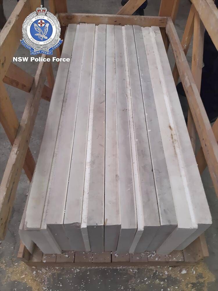 In this photo released on Aug. 26, 2022, by the New South Wales Police Force marble tiles are stored in a facility in Sydney, Australia. Authorities have found 1.8 metric tons (2 U.S. tons) of methamphetamine hidden in marble tiles shipped from the Middle East to Sydney in what police describe as the largest-ever seizure of the illicit drug in Australia. (New South Wales Police via AP) In this photo released on Aug. 26, 2022, by the New South Wales Police Force marble tiles are stored in a facility in Sydney, Australia. Authorities have found 1.8 metric tons (2 U.S. tons) of methamphetamine hidden in marble tiles shipped from the Middle East to Sydney in what police describe as the largest-ever seizure of the illicit drug in Australia. (New South Wales Police via AP)