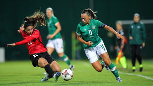 <p>KEY TO QUALIFICATION: Ireland’s Katie McCabe with Nino Gujabidze of Georgia. ©INPHO/Ryan Byrne</p>