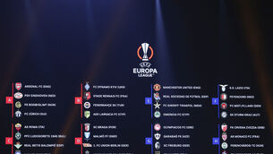 <p>The groups and club names are displayed on the screen at the end of the soccer Europa League draw in Istanbul, Turkey, Friday, Aug. 26, 2022. (AP Photo/Emrah Gurel)</p>