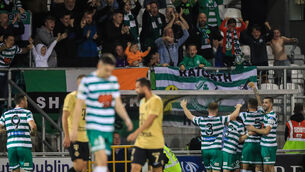 <p>Shamrock Rovers’ Andy Lyons celebrates scoring the goal to win on Thursday night. </p>