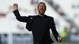 <p>QUICK STARTERS: Brighton manager Graham Potter celebrates with the Brighton fans at the end of the Premier League match against West Ham United. Pic: Mike Hewitt/Getty Images</p>