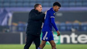 <p>NEAR: Leicester City manager Brendan Rodgers (left) pats Wesley Fofana on the back. Pic: PA</p>