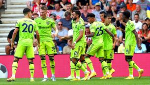 <p>WINNER: Manchester United's Bruno Fernandes (centre) celebrates after scoring the winning goal during the Premier League match at St Mary's Stadium, Southampton. Pic: Kieran Cleeves/PA Wire.</p>