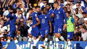 <p>CRUCIAL: Raheem Sterling is congratulated after scoring Chelsea’s second goal against Leicester. Pic: Adam Davy/PA</p>