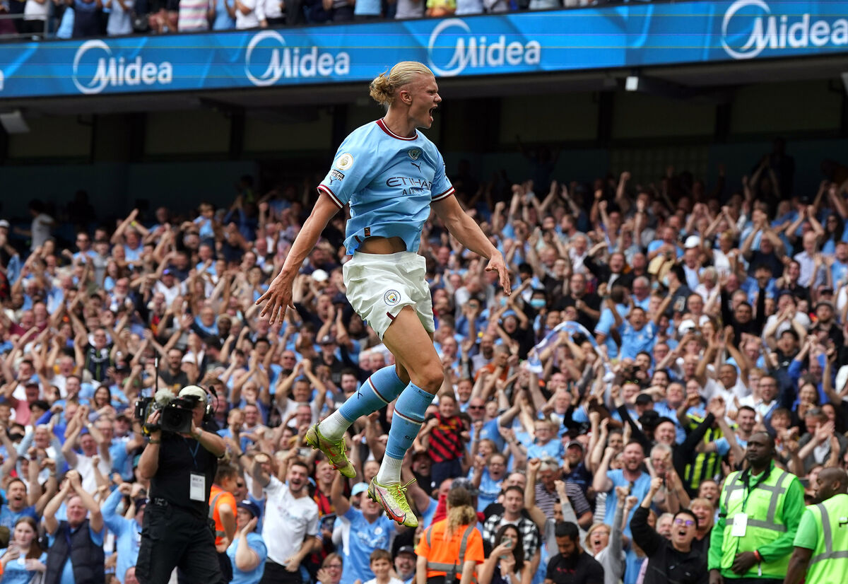 TREBLE: Manchester City's Erling Haaland celebrates scoring his side's fourth goal of the game to complete his hat trick.