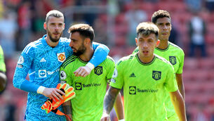 <p>UNITED FRONT: Manchester United goalkeeper David de Gea hugs Bruno Fernandes after their win against Southampton. </p>