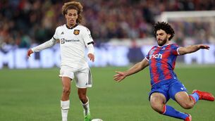 <p>LOAN MOVE: Manchester United's Hannibal Mejbri is tackled by Crystal Palace's Cardo Siddik during the pre-season football match between Manchester United and Crystal Palace at the Melbourne Cricket Ground Pic: Martin Keep/AFP via Getty Images</p>