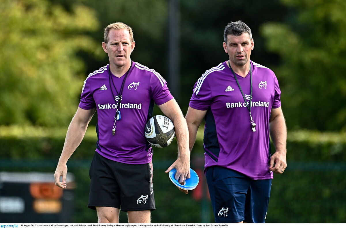 THE BOYS ARE BACK IN TOWN: Attack coach Mike Prendergast, left, and defence coach Denis Leamy during a Munster rugby squad training session at the University of Limerick in Limerick. Photo by Sam Barnes/Sportsfile