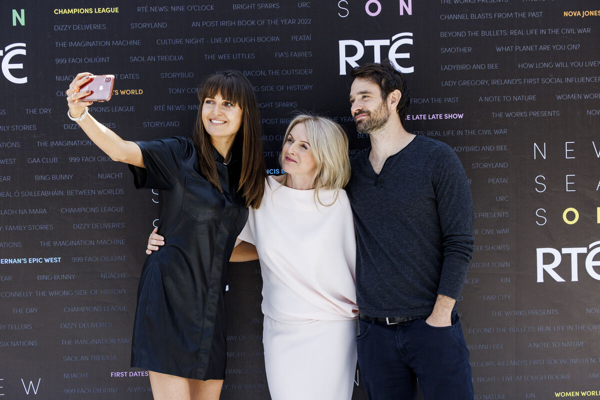  Clare Dunne (Kin), Dervla Kirwan (Smother) and Charlie Cox (Kin) pictured at the RTÉ New Season Launch in the RDS Dublin. Picture: Andres Poveda Photography