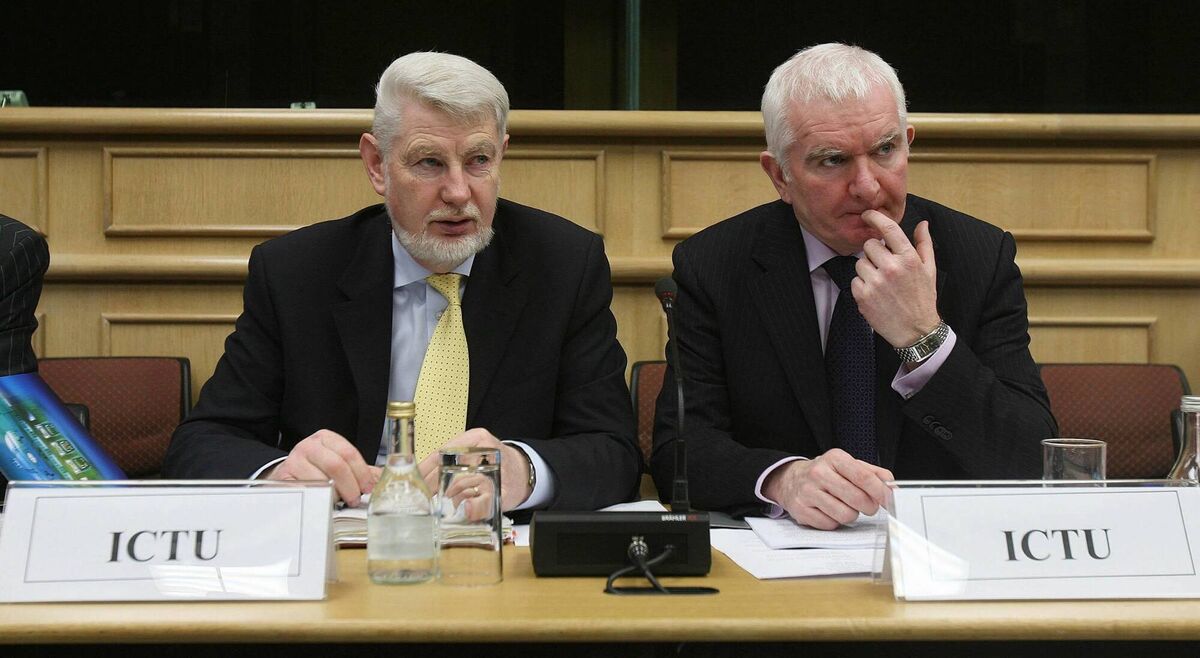 David Begg of Ictu (left) and Peter McCloone from Impact trade union at the first plenary meeting of the social partners under Towards 2016 at Dublin Castle in February 2007. Picture: Niall Carson/PA Wire David Begg of Ictu (left) and Peter McCloone from Impact trade union at the first plenary meeting of the social partners under Towards 2016 at Dublin Castle in February 2007. Picture: Niall Carson/PA Wire