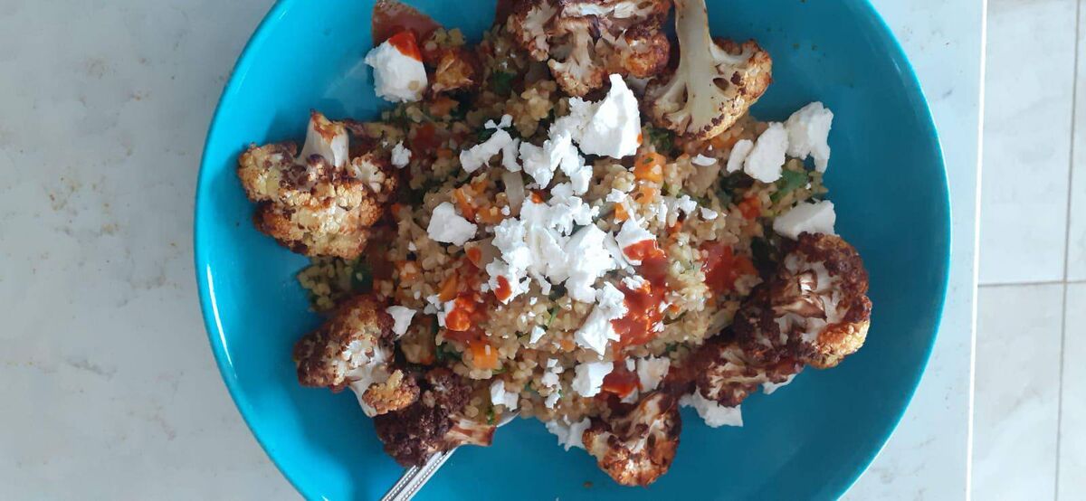 Roasted cauliflower in minutes was a great addition to warm tabbouleh.
