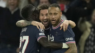 <p>PSG's Lionel Messi, center, celebrates with Neymar, right, and Idrissa Gueye. (AP Photo/Christophe Ena)</p>