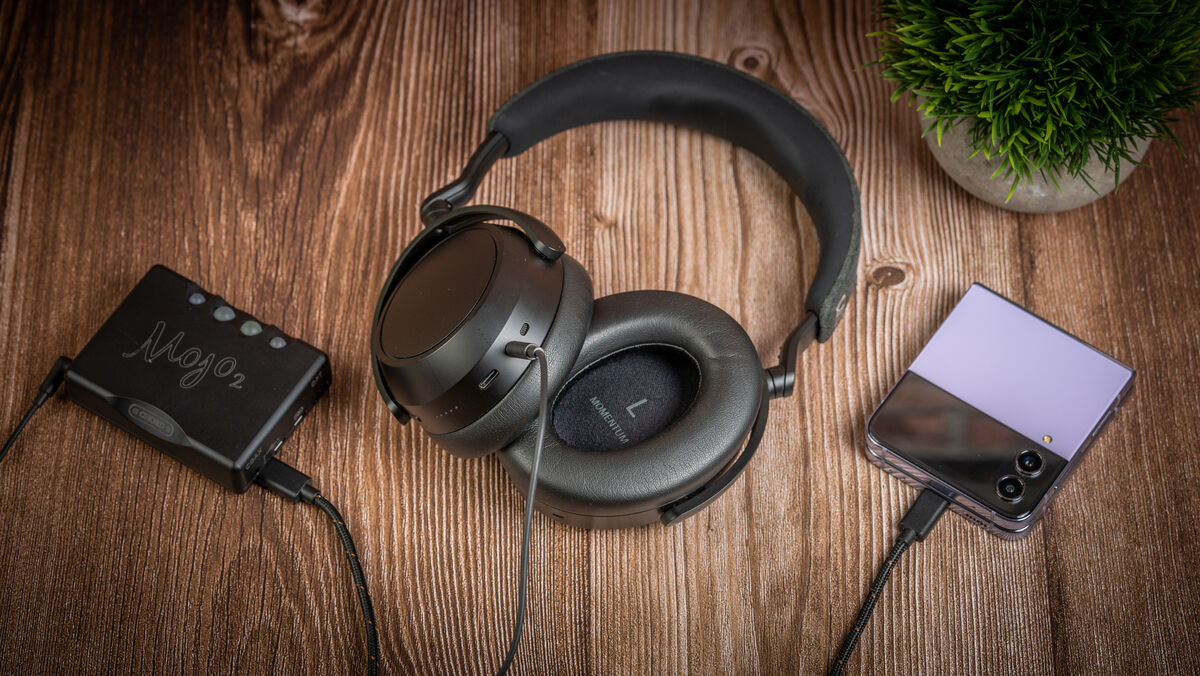 The Sennheiser Momentum 4 is wired to a Chord Mojo 2 for high-fidelity lossless music. Picture: Noel Campion.