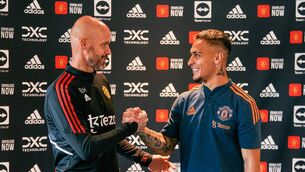 <p>OLD FRIENDS: New Manchester United signing Antony is greeted by Manchester United Head Coach / Manager Erik ten Hag. Getty Images)</p>