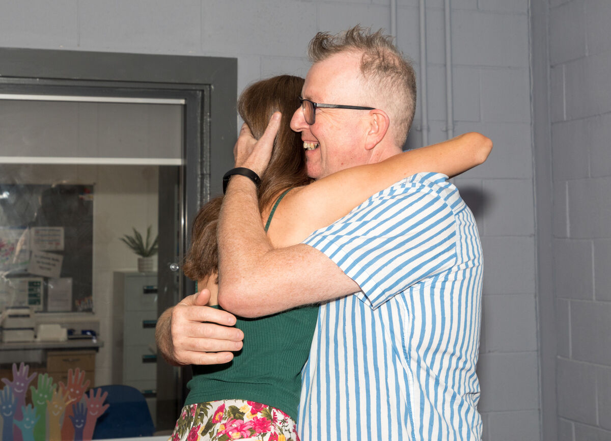 Philip Atkinson congratulates his daughter Caoimhe after she received her Leaving cert results at the Gaelcholáiste in Carrigaline, Co. Cork. Picture: David Creedon