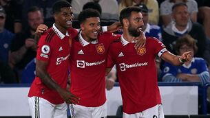<p>SCORING STREAK: Manchester United’s Jadon Sancho celebrates his winner at Leicester. Pic: Nick Potts/PA</p>