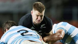 <p>CRUNCH: New Zealand's Jordie Barrett is double tackled by Argentina in Hamilton on Saturday. </p>