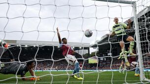 <p>NET GAINS: Man City's Erling Haaland pounces at the back post for his side's opener at Villa Park.</p>