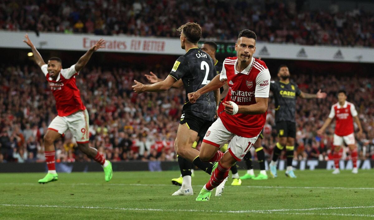 GOAL: Martinelli celebrates scoring the winner against Aston Villa.