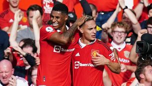 <p>FAN FAVOURITES?: Manchester United's Antony (right) celebrates with Marcus Rashford after scoring their side's first goal of the game against Arsenal. Pic: PA</p>