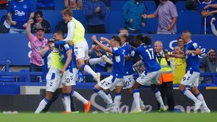 <p>PREMATURE: Everton's Conor Coady celebrates a goal that is ruled offside during the Premier League match at Goodison Park, Liverpool. Pic: Peter Byrne/PA Wire</p>