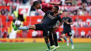 <p>BATTLE: Manchester United's Raphael Varane (left) and Arsenal's Gabriel Jesus battle for the ball during the Premier League match at Old Trafford. Pic: Martin Rickett/PA Wire</p>