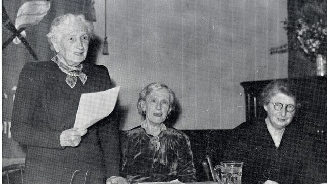 <p class="contextmenu internal_Caption">Louisa ‘Louie’ Bennett, left, speaking at an annual convention of the IWWU with Catherine Keegan, president, and Margaret Buckley. Picture: Dublin City Library &amp; Archive</p>