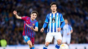 <p>ANCHOR MAN: 'Gavi' of FC Barcelona duels for the ball with Martin Zubimendi of Real Sociedad. Pic: Juan Manuel Serrano Arce/Getty Images</p>