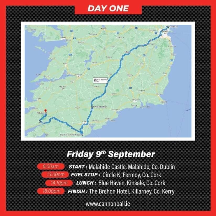 Cannonball Ireland day one route.