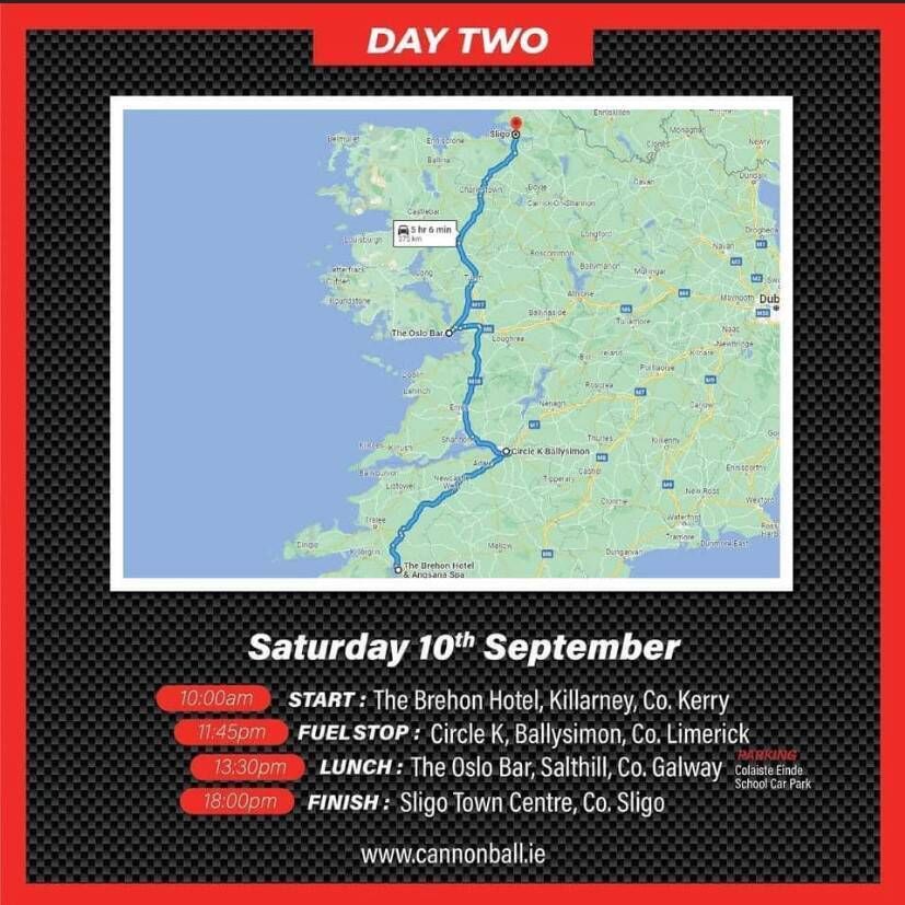 Cannonball Ireland Day two will see the cars head towards Co Sligo.