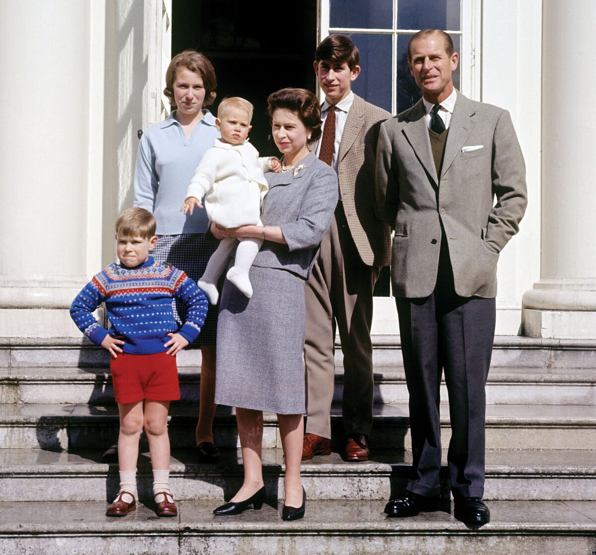 Queen Elizabeth with Edward, surrounded by her family, Philip, right, Charles and Anne, behind, and Andrew, left, at Windsor on the occasion of her 39th birthday. Picture: PA Wire