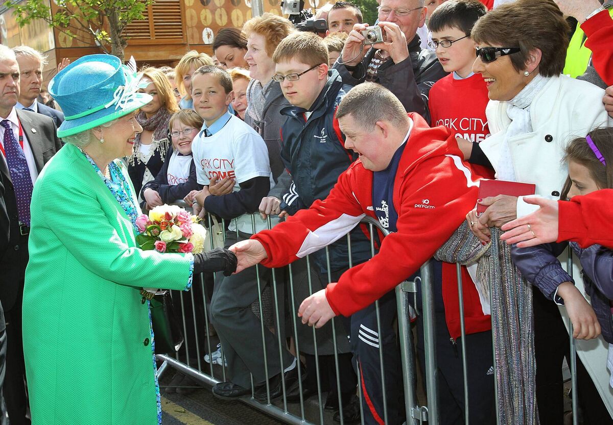 Queen Elizabeth II meeting members of the public outside The English Market in Cork city. Picture: Maxwells