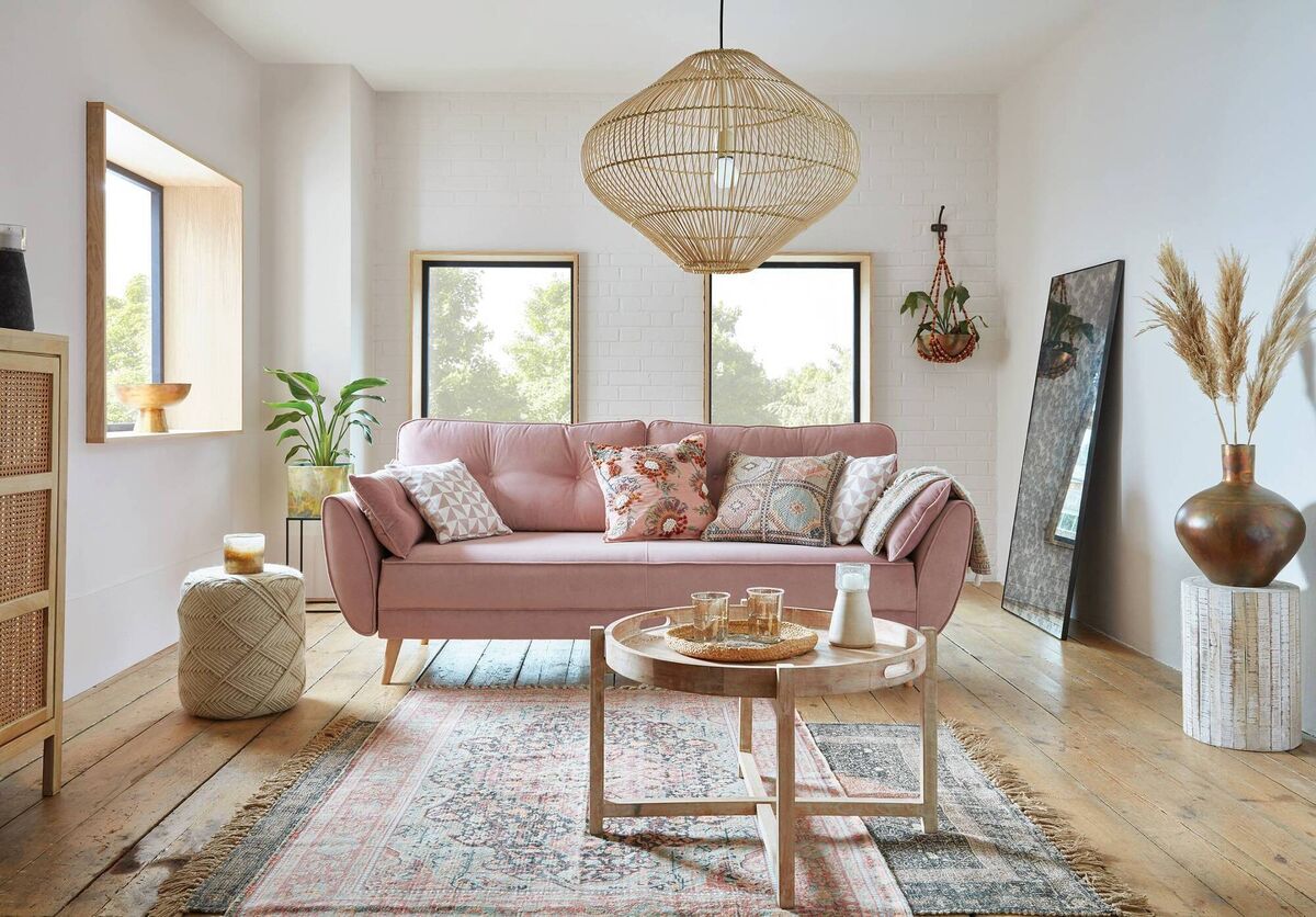 French Connection Zinc sofa bed in Blush luxe velvet for DFS. 