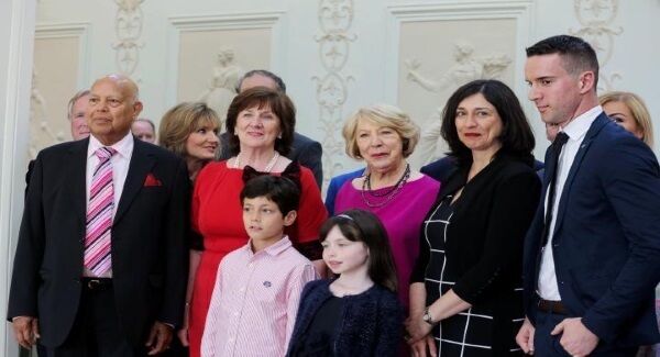 The family and partner Matthew Barrett (right) of Taoiseach Leo Varadkar, with the President’s wife, Sabina Higgins, at Áras An Uachtaráin. Picture: Maxwellphotography.ie