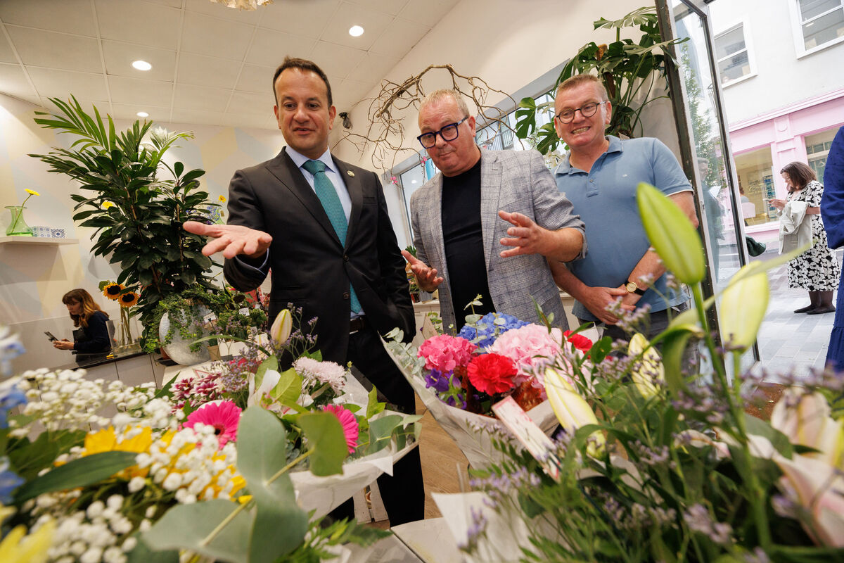 Tánaiste Leo Varadkar with Lamber de Bie and Pat Hennessy of Lamber de Bie Flowers at the Fine Gael parliamentary party meeting in Kilkenny. Picture: Dylan Vaughan