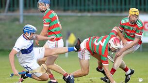 <p>SLIPPING AND SLIDING: Henry O'Gorman, Milford, Rory Sinclair, Tom McGuinness and Graham Webb, Tracton. Pic: Jim Coughlan.</p>