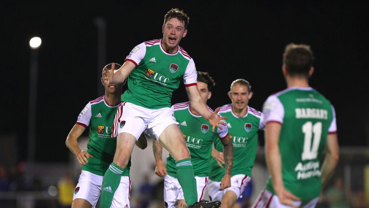 SOARING: Cian Murphy of Cork City celebrates after scoring his side's first goal during the SSE Airtricity League First Division match between Waterford and Cork City at RSC in Waterford. Pic: Michael P Ryan/Sportsfile