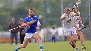 <p> Donncha O'Donovan, Ballinhassig with  Cathal Lynch, Bandon in the Cork Premier Intermediate Hurling Championship clash at Brinny </p>