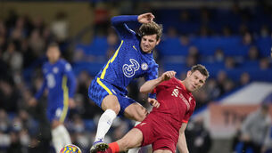 <p>OFF: Liverpool's James Milner, right, challenges Chelsea's Mason Mount during the English Premier League. (AP Photo/Matt Dunham)</p>