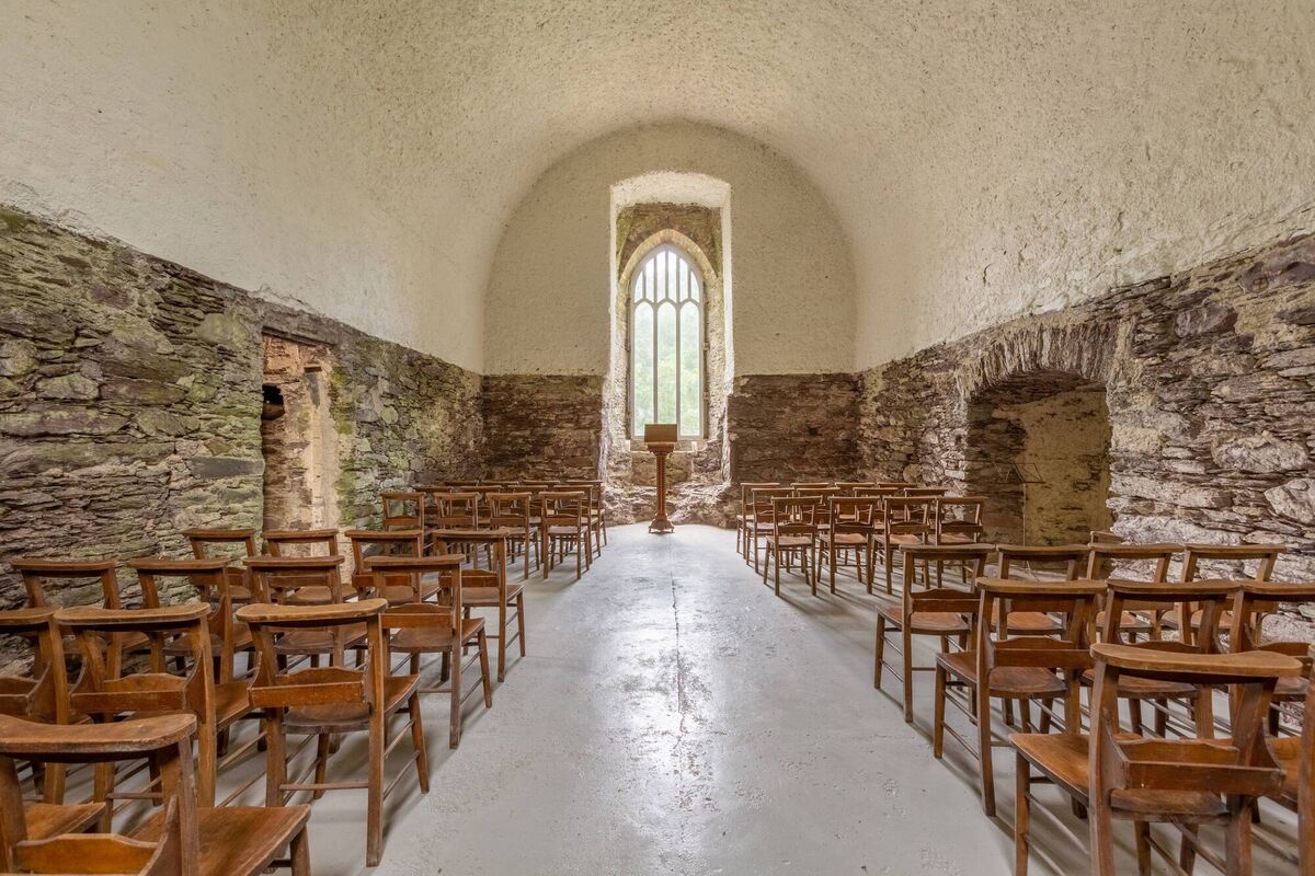Vaulted chamber in tower castle with window from Aghabullogue Church