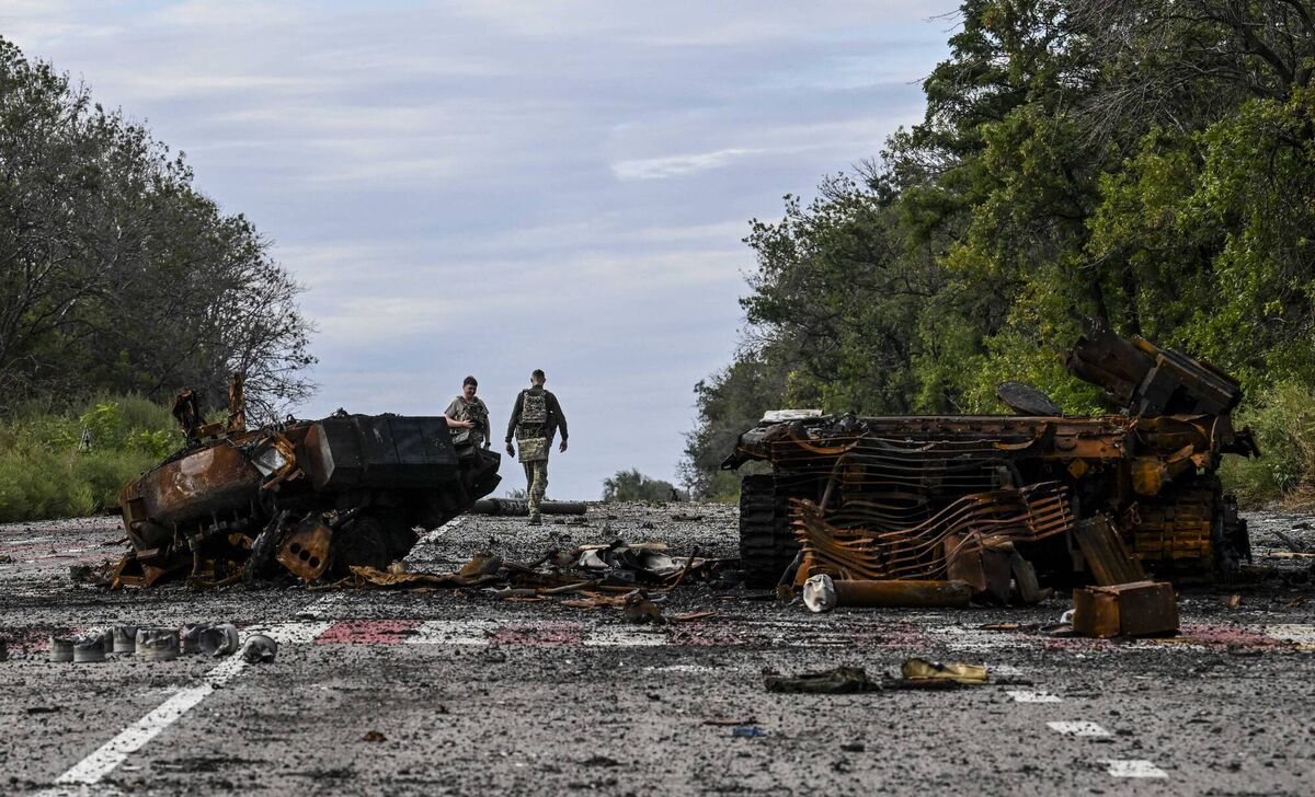 Destroyed armoured vehicles litter the road in Balakliya, Kharkiv region, on Saturday. Ukrainian forces said on Saturday they had entered the town of Kupiansk in eastern Ukraine, dislodging Russian troops from a key logistics hub in a lightning counter-offensive that has seen swathes of territory recaptured. Picture: Juan Barreto / AFP via Getty Images