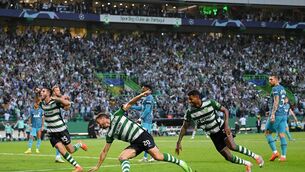<p class="contextmenu internal_Caption">FALLEN HERO: Sporting’s Paulinho celebrates after scoring his side’s first goal in the Champions League Group D win over Tottenham Hotspur at the Estadio Jose Alvalade in Lisbon. <span class="contextmenu emphasis CaptionCredit">Picture: Octavio Passos/Getty Images</span>
            </p>