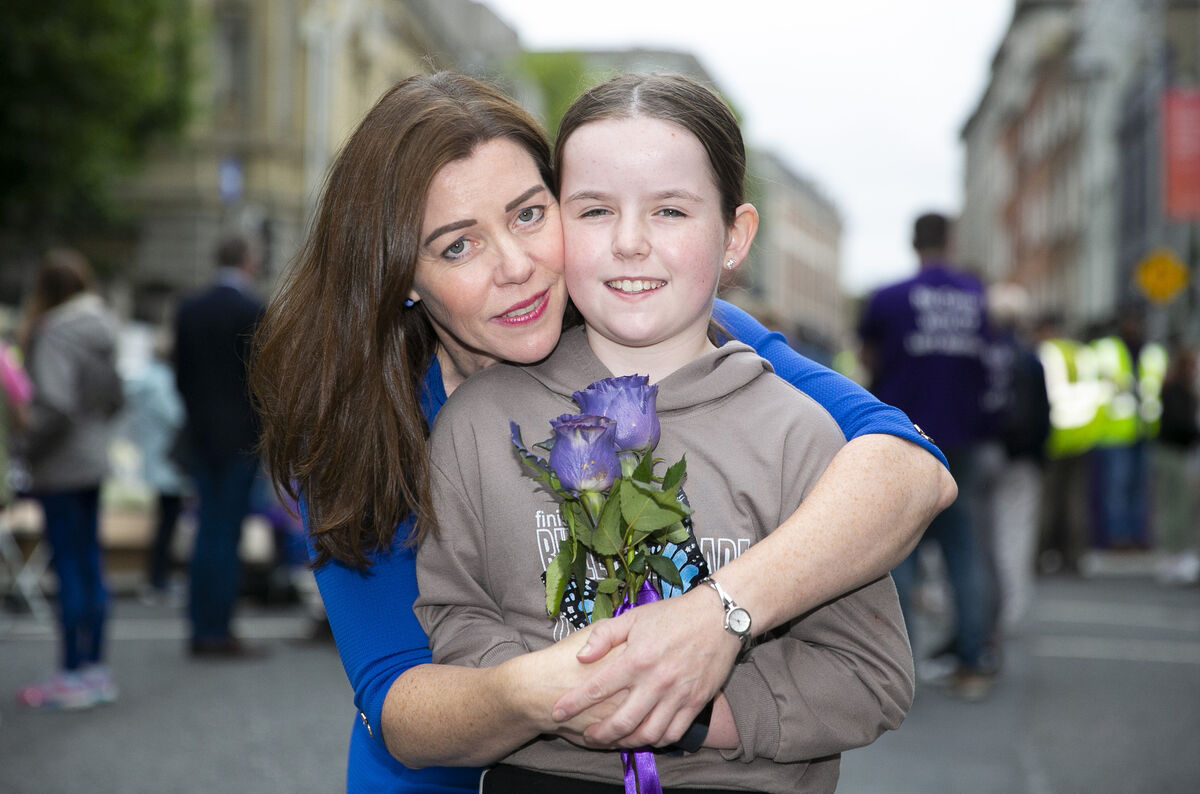 Julie Bernard and her daughter Aisling (10) both  during a protest by Cystic Fibrosis Ireland.