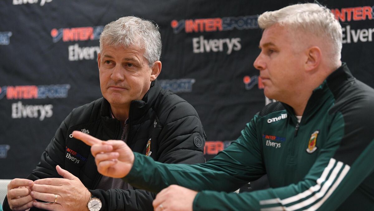 Brains trust: Mayo manager Kevin McStay, left, and assistant manager Stephen Rochford during a Mayo GAA press conference at Hastings Insurance MacHale Park in Castlebar, Mayo. Pic: Eóin Noonan/Sportsfile