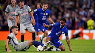 <p>Tight tussle: Chelsea's Raheem Sterling (right) and RB Salzburg's Amar Dedic battle for the ball during the UEFA Champions League Group E match at Stamford Bridge, London. Pic: John Walton/PA Wire.</p>