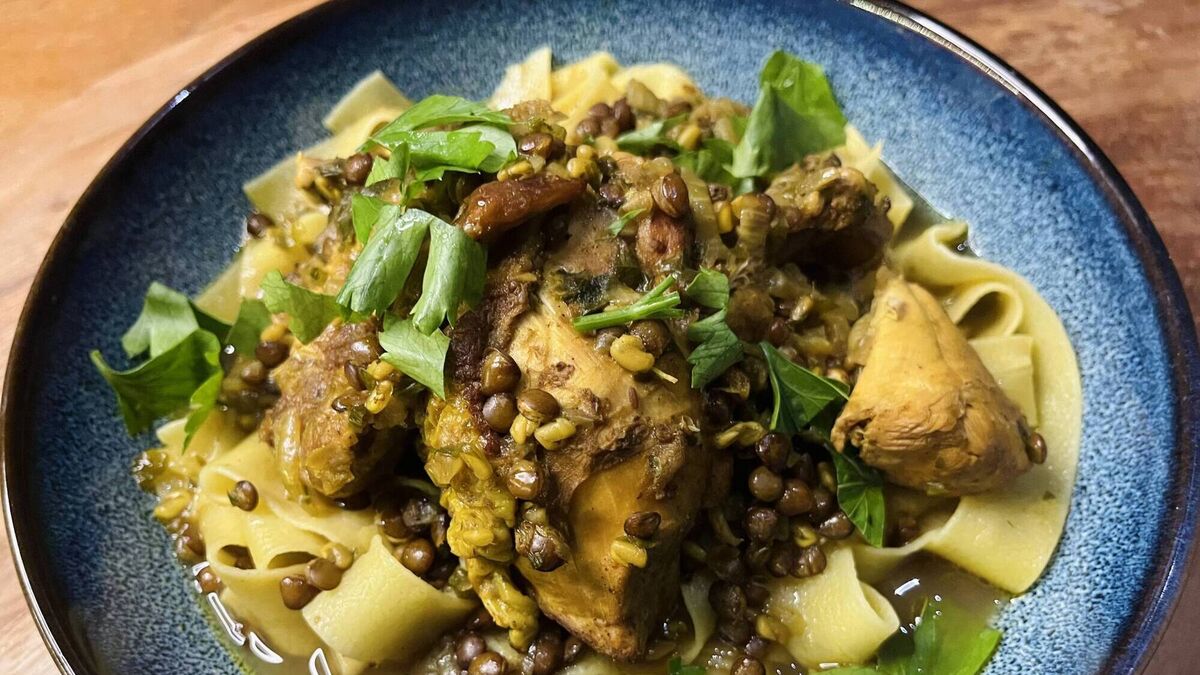 Rfissa: Moroccan chicken and lentils with pappardelle pasta